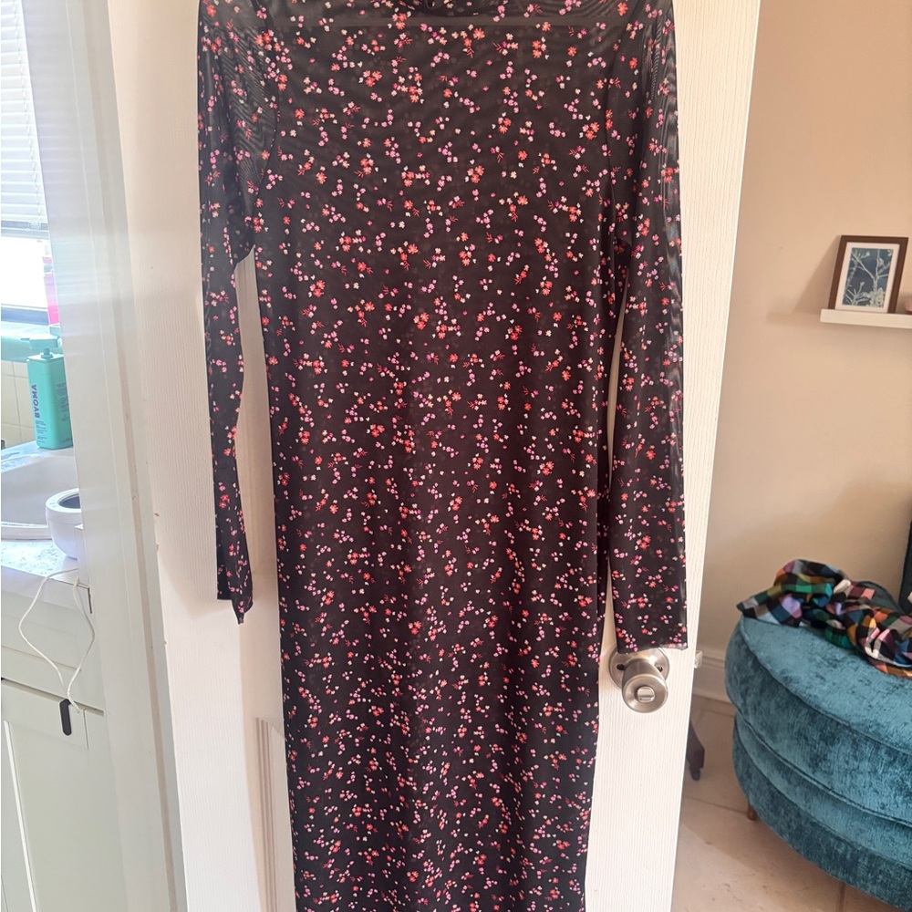 AFRM Black Long Sleeve Midi Dress with Pink Floral Dots